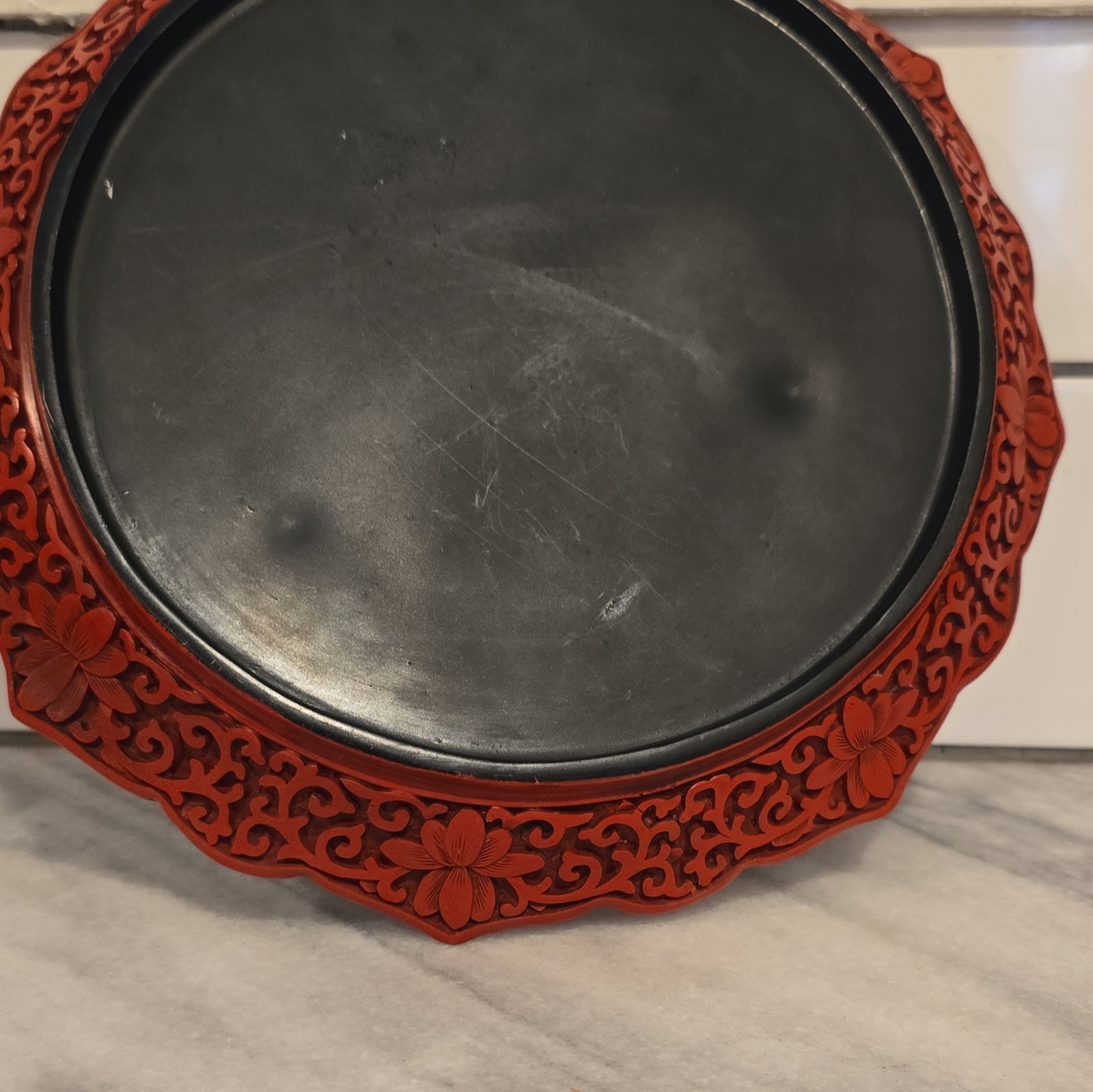 Chinese Cinnabar-Style Red Lacquer Carved Dish Plate Scenic Landscape Boat