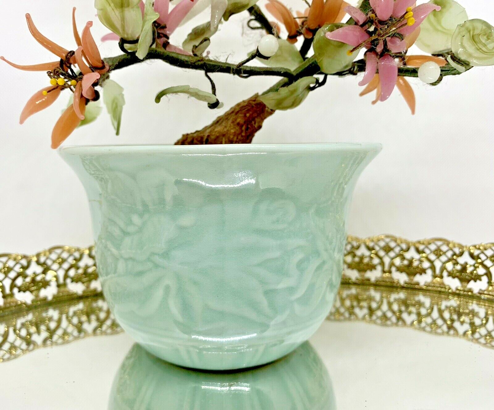 Vintage 11″ Jade Glass Bonsai Tree Japanese Oriental multi-color blooms in a Pot