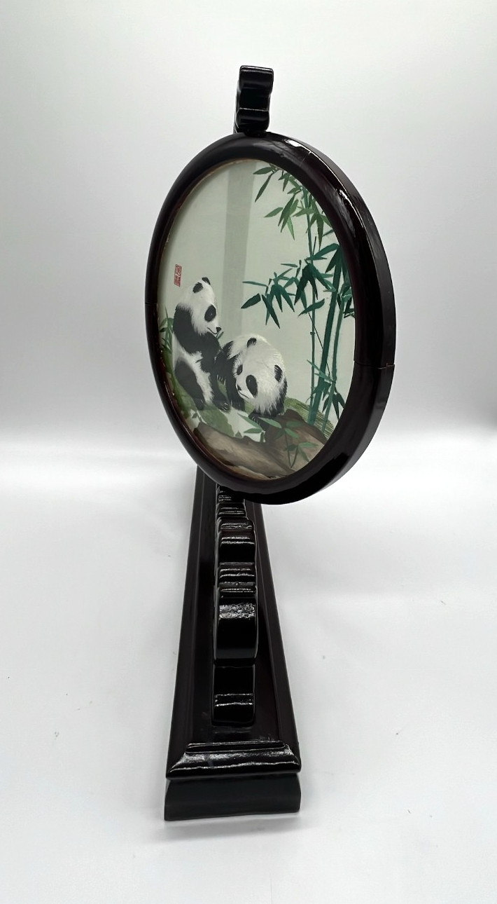 🐼 Vintage Chinese Silk Embroidery Panda Bamboo Round Panel w/ Carved Wood Stand