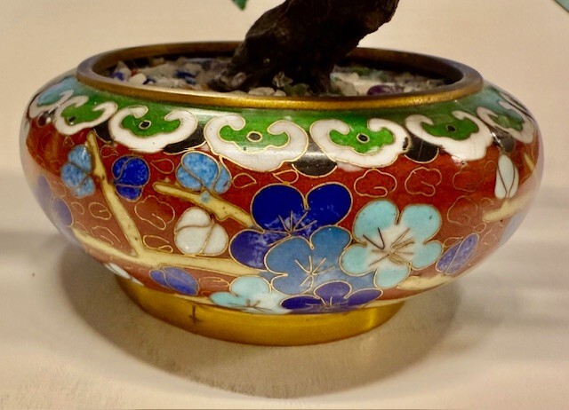 Chinese Quartz & Jade Flower Tree in Cloisonne Pot Vintage Bonzai for good luck