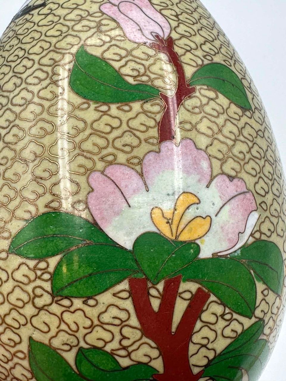 Vintage Chinese Cloisonné Enamel Egg w/ Wood Stand Floral & Bird 7.25″