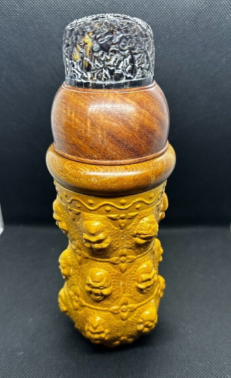 Rare Design Classic Chinese Monk Faces Cricket Container w/Special Carved Cover