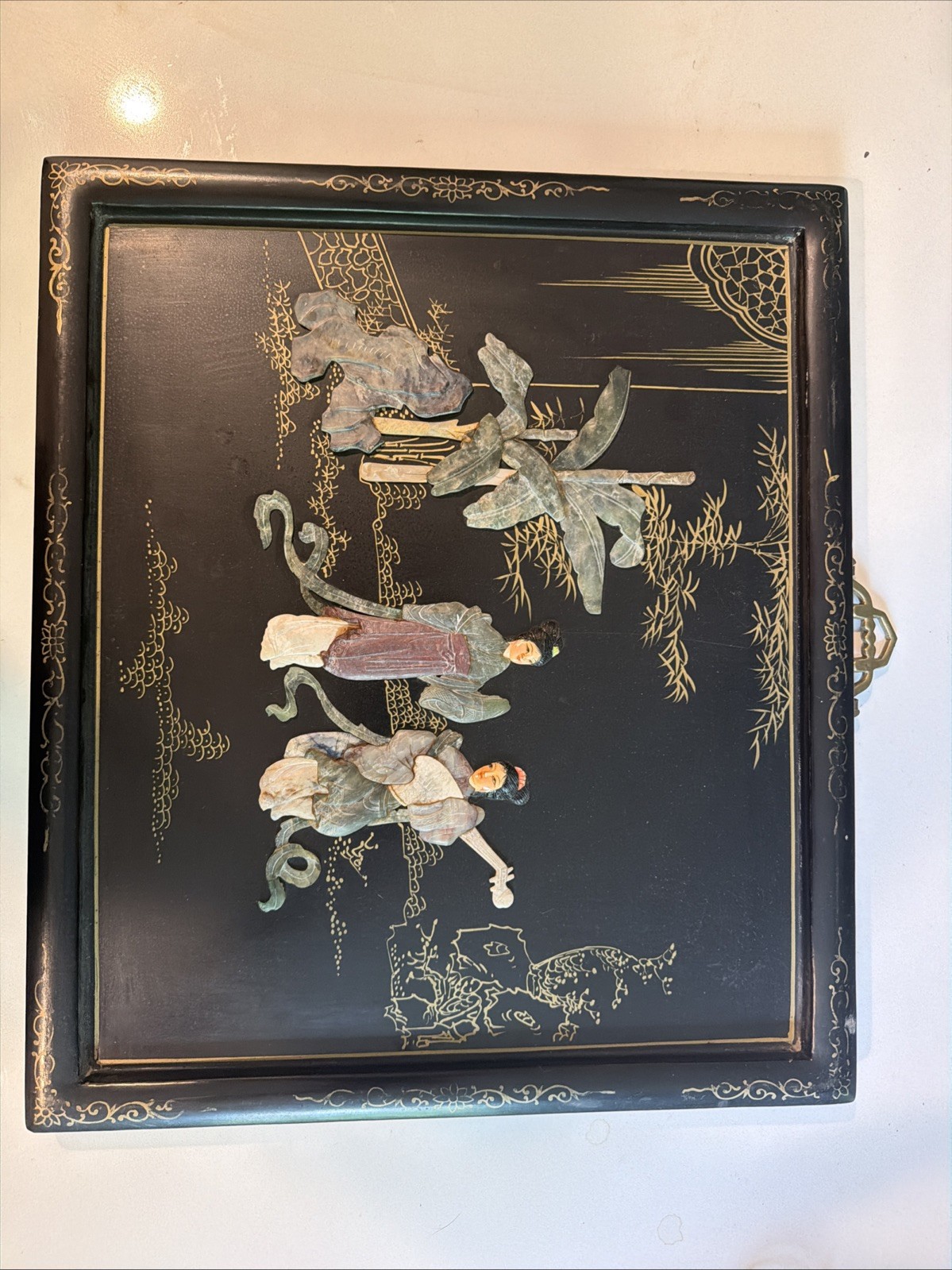 Asian Oriental Lacquer Mother of Pearl Wall Art Panel