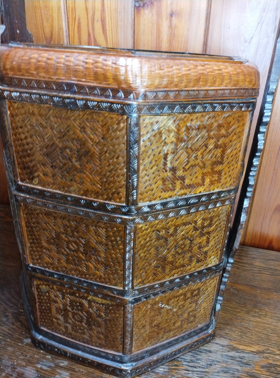 Wedding Basket Betrothal Wicker Chinese Lacquer Wood 3 Tier Octagon 20″ Tall