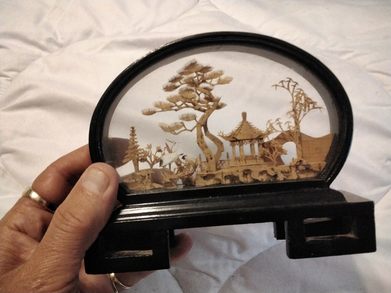 Chinese Lacquered Oval Hand Carved Cork Diorama, Pagoda Trees Cranes