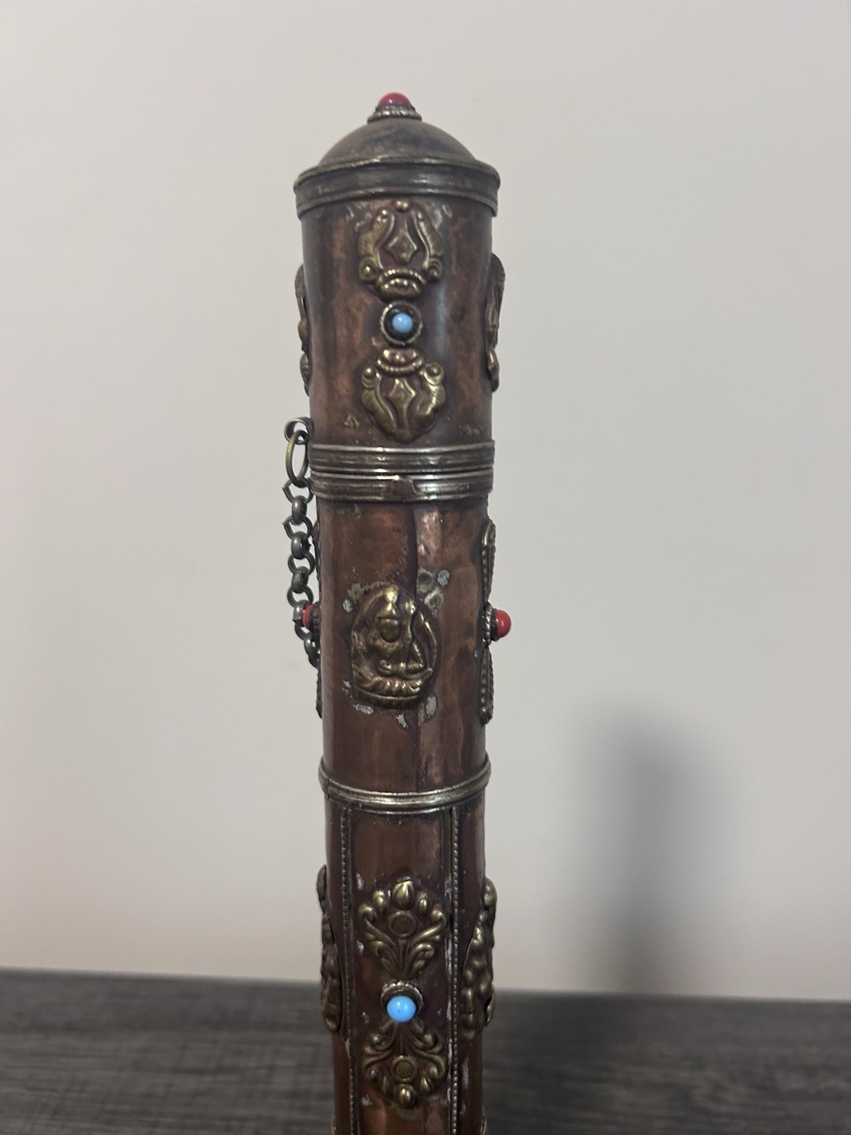 Tibet Copper Inlaid with Green Pine Stone Incense Cylinder -Collectible