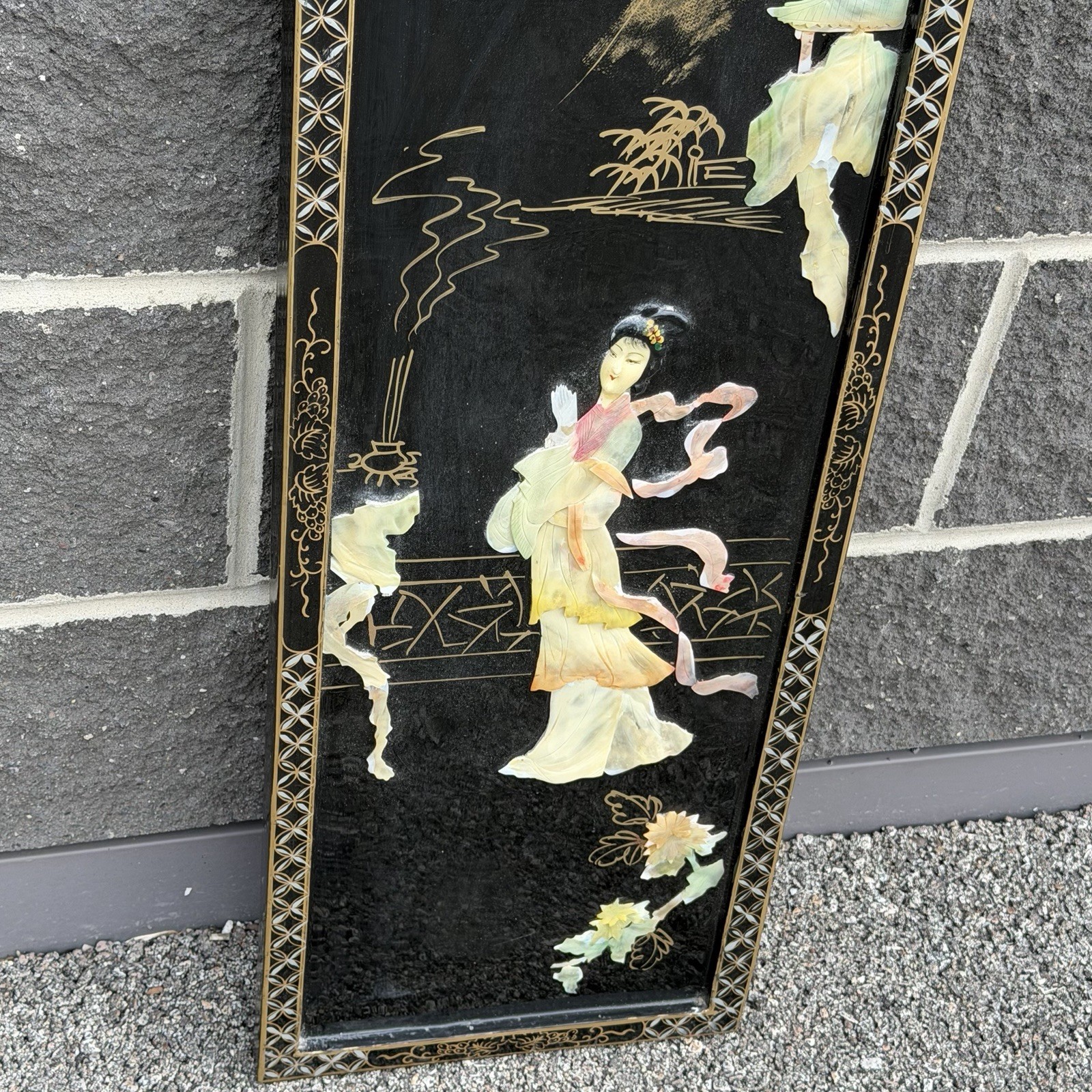 Vintage Asian Black Lacquer Mother of Pearl Peacock Wall Panel Chinoiserie 36×12