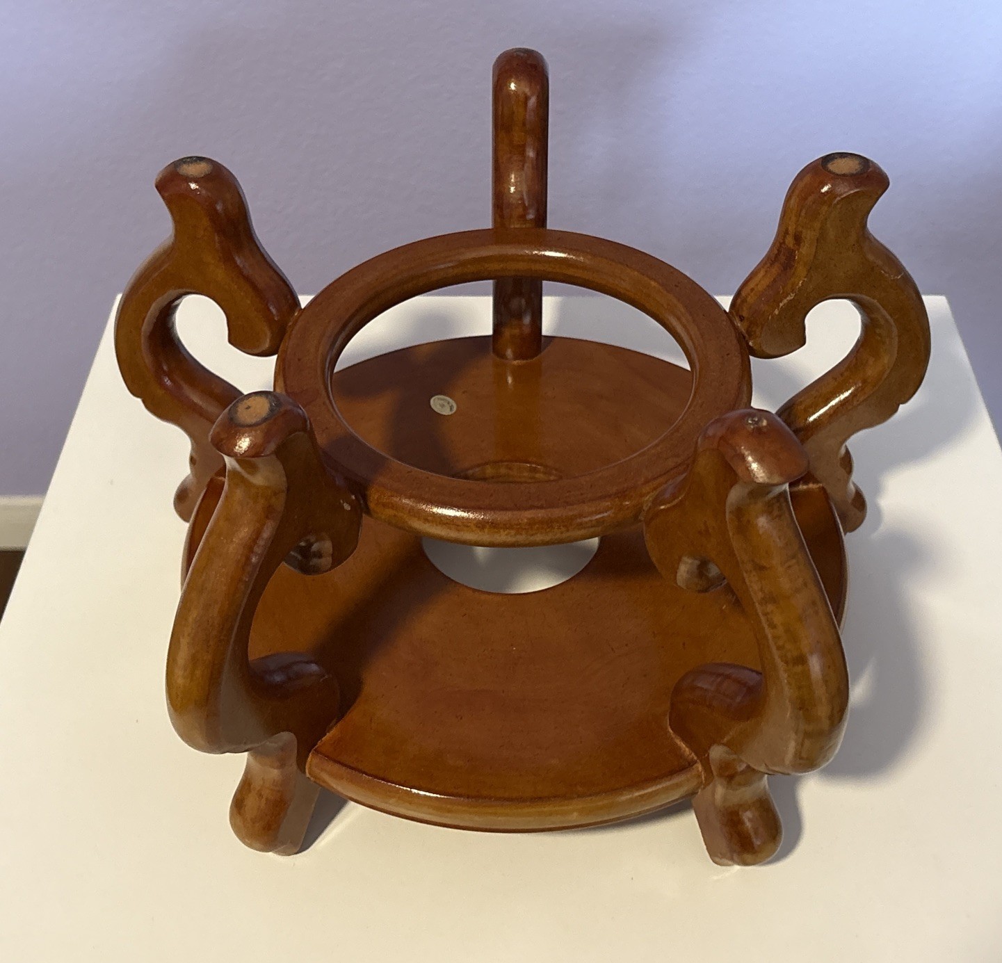 Carved Wood Plant Stand Display Honey Brown Vase Fish Bowl Asian Oriental 10”