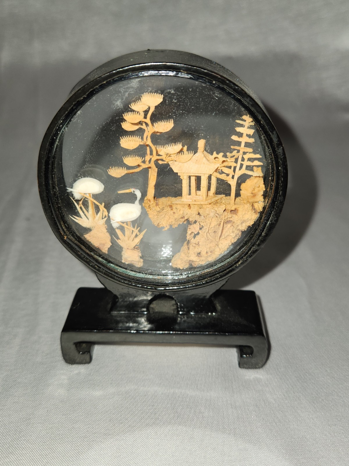 Vintage Chinese Cork Carving Art Diorama Pagoda Trees Cranes 3.75″ H