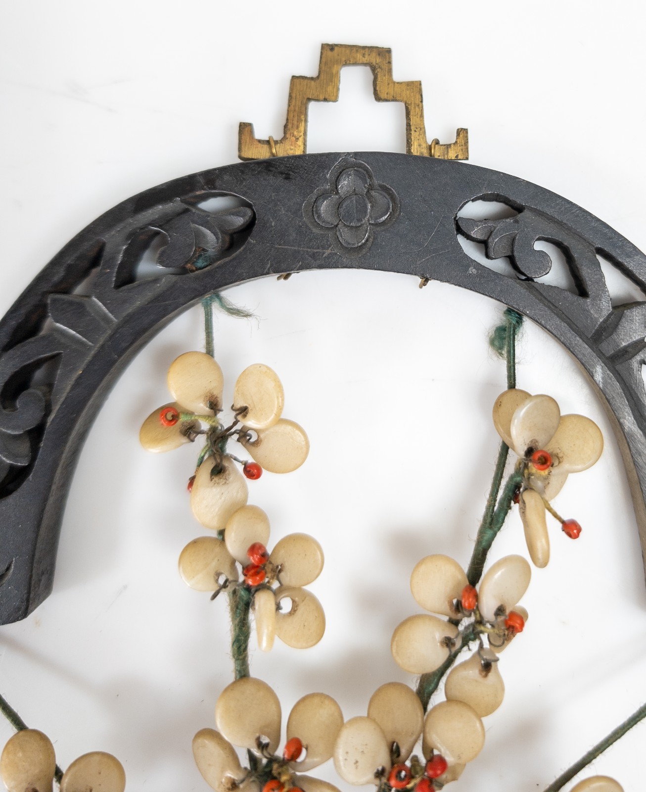 Vintage Chinese Faux Jade Peking Glass Prunus Flower Wall Hanging