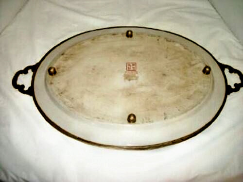 Chinese Hua Rong Tang Zhi Tray Porcelain HP Cranes White Tiger Bronze Rim Handle