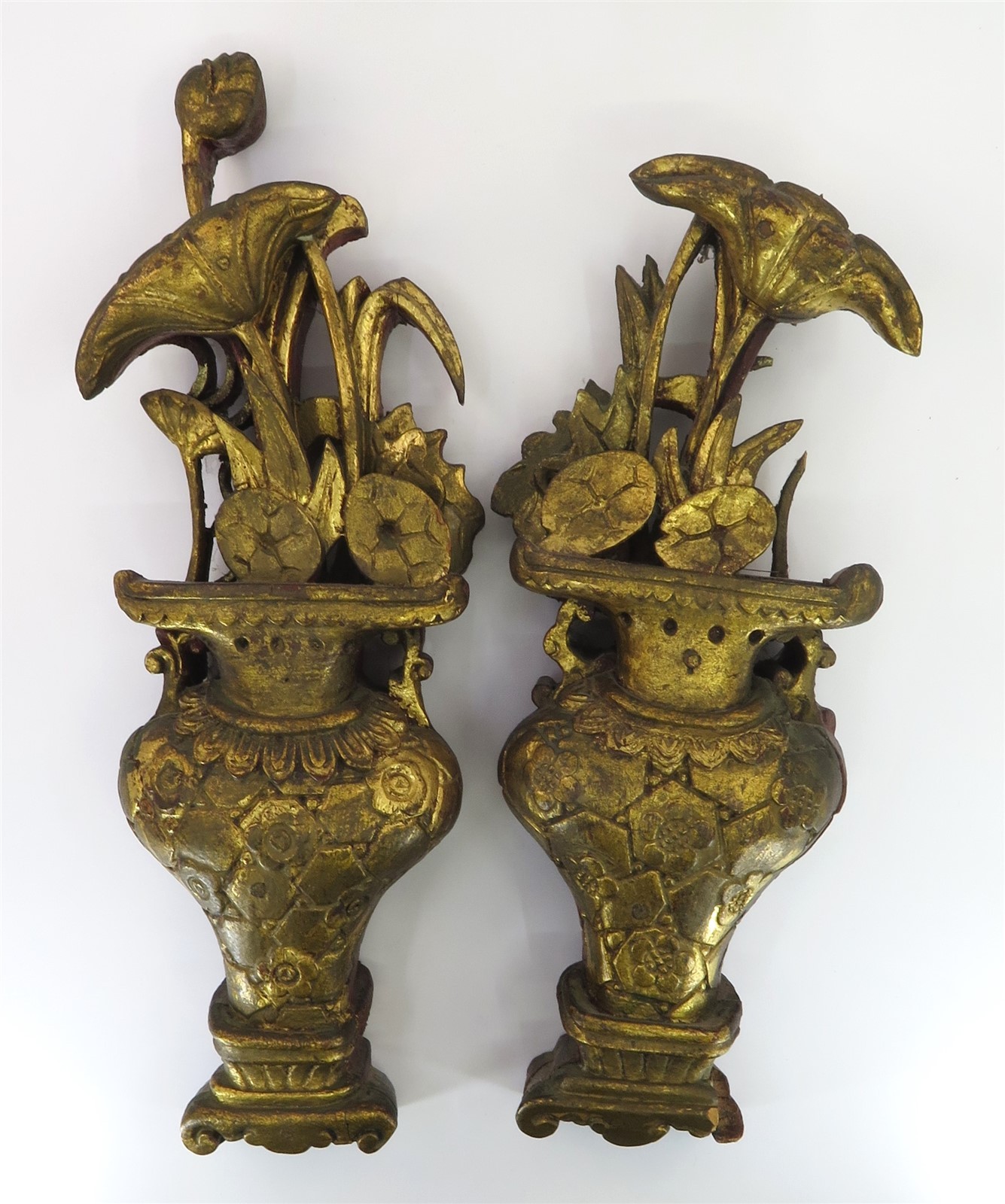 2 Vintage Carved Wood Gilt & Red Chinese Decorative Wall Sculptures 13″ T x 4.5″