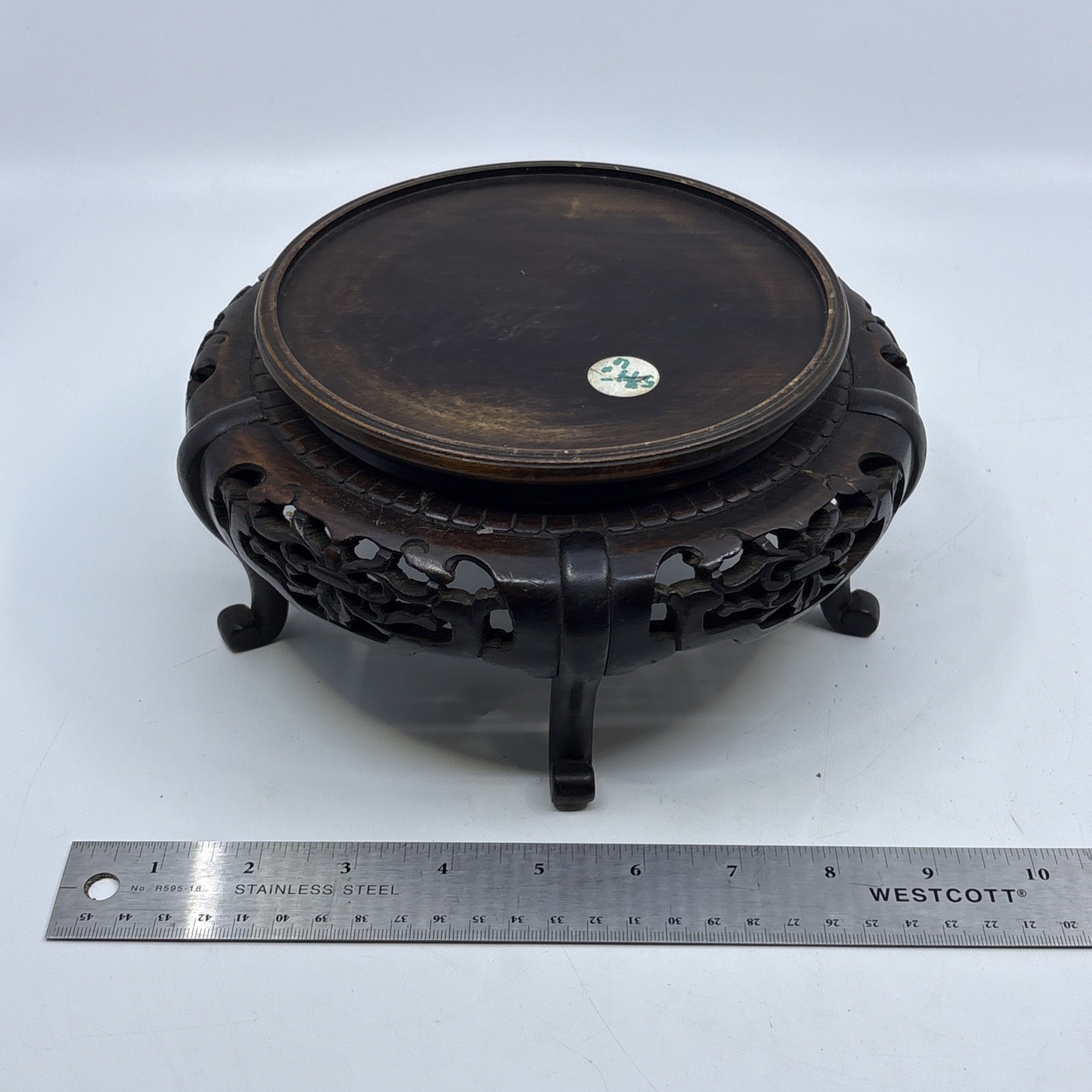 Vtg Chinese Wood Display Stand Vase Plant Asian Lamp Base Footed Round 6″ Inner