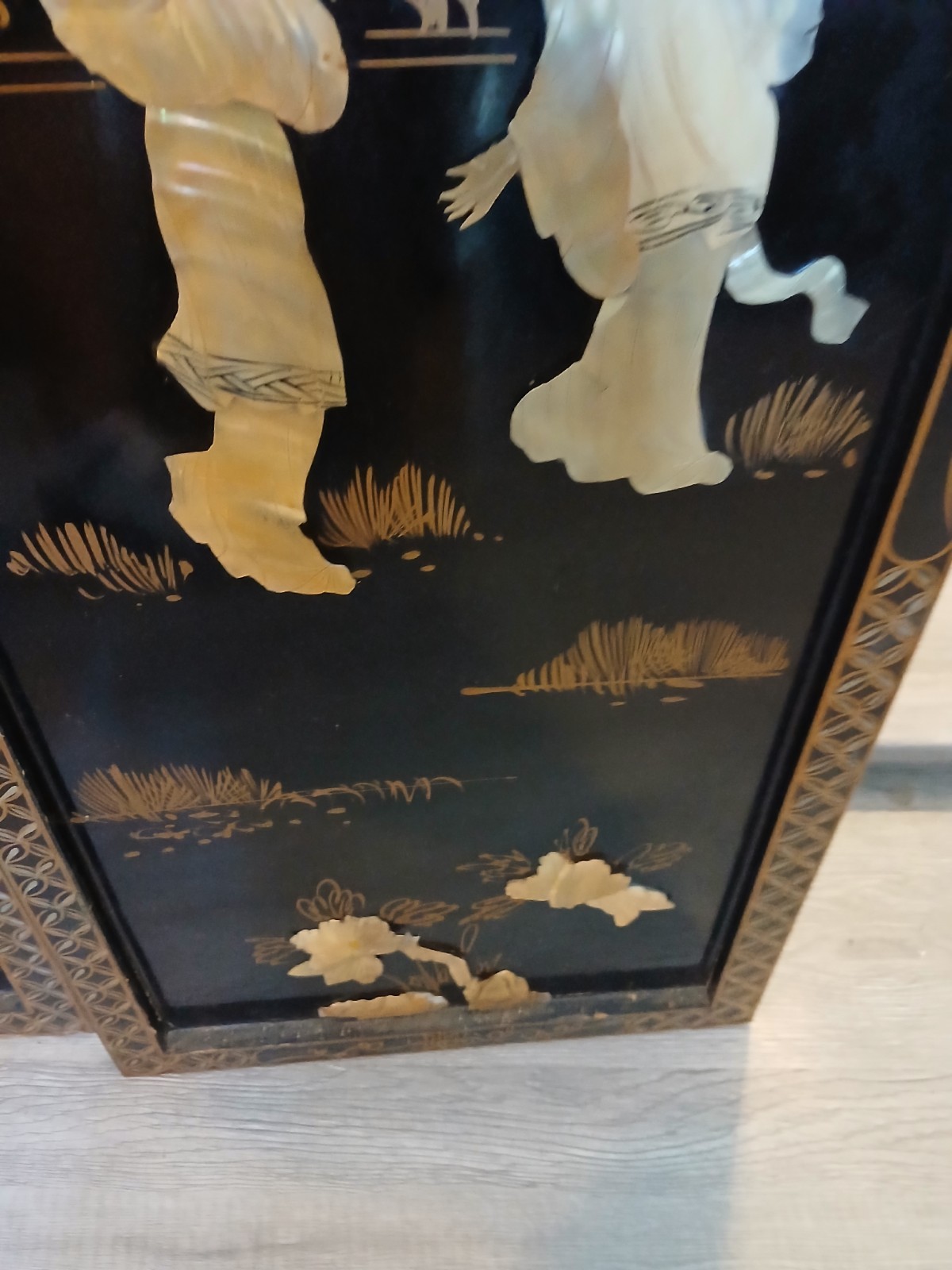 4 Vintage Asian Japanese Mother Pearl Black Lacquer Wall Panels 36″ x 12″
