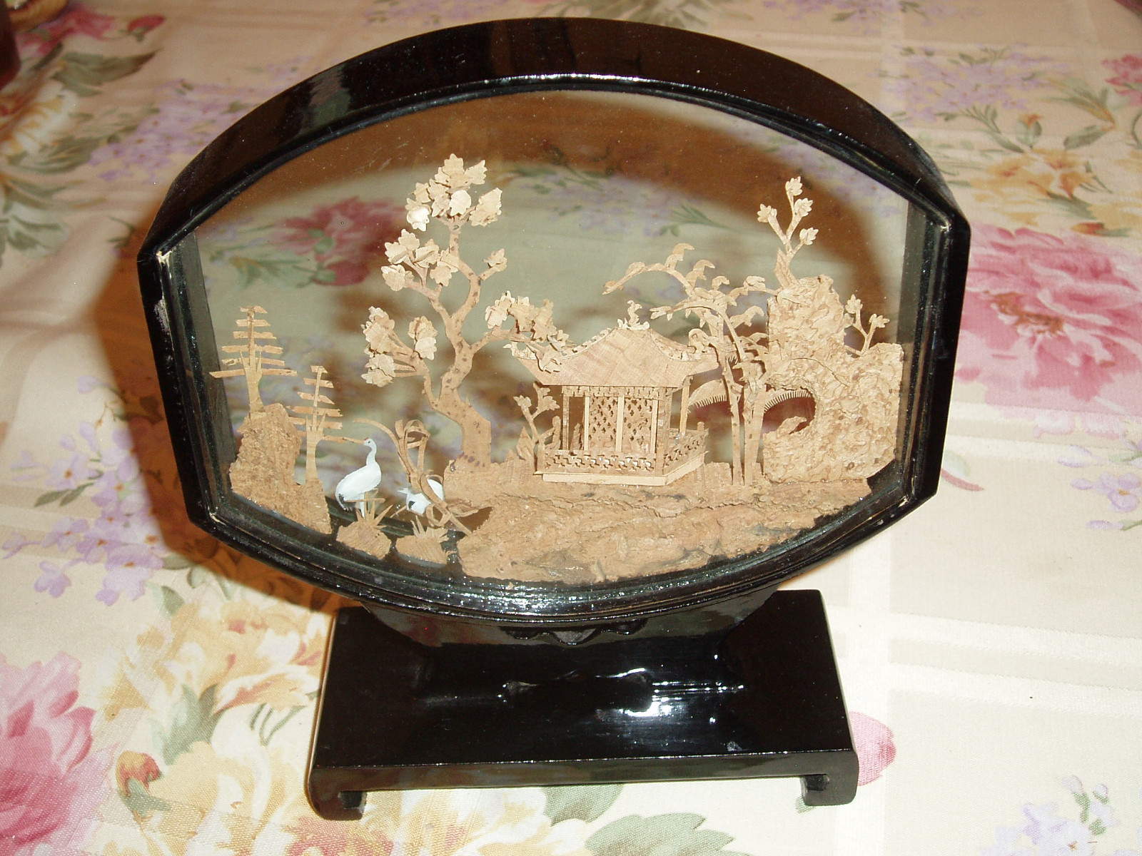 Vintage Chinese Artwork Cork Sculpture Rounded Display Pagoda Cranes Trees