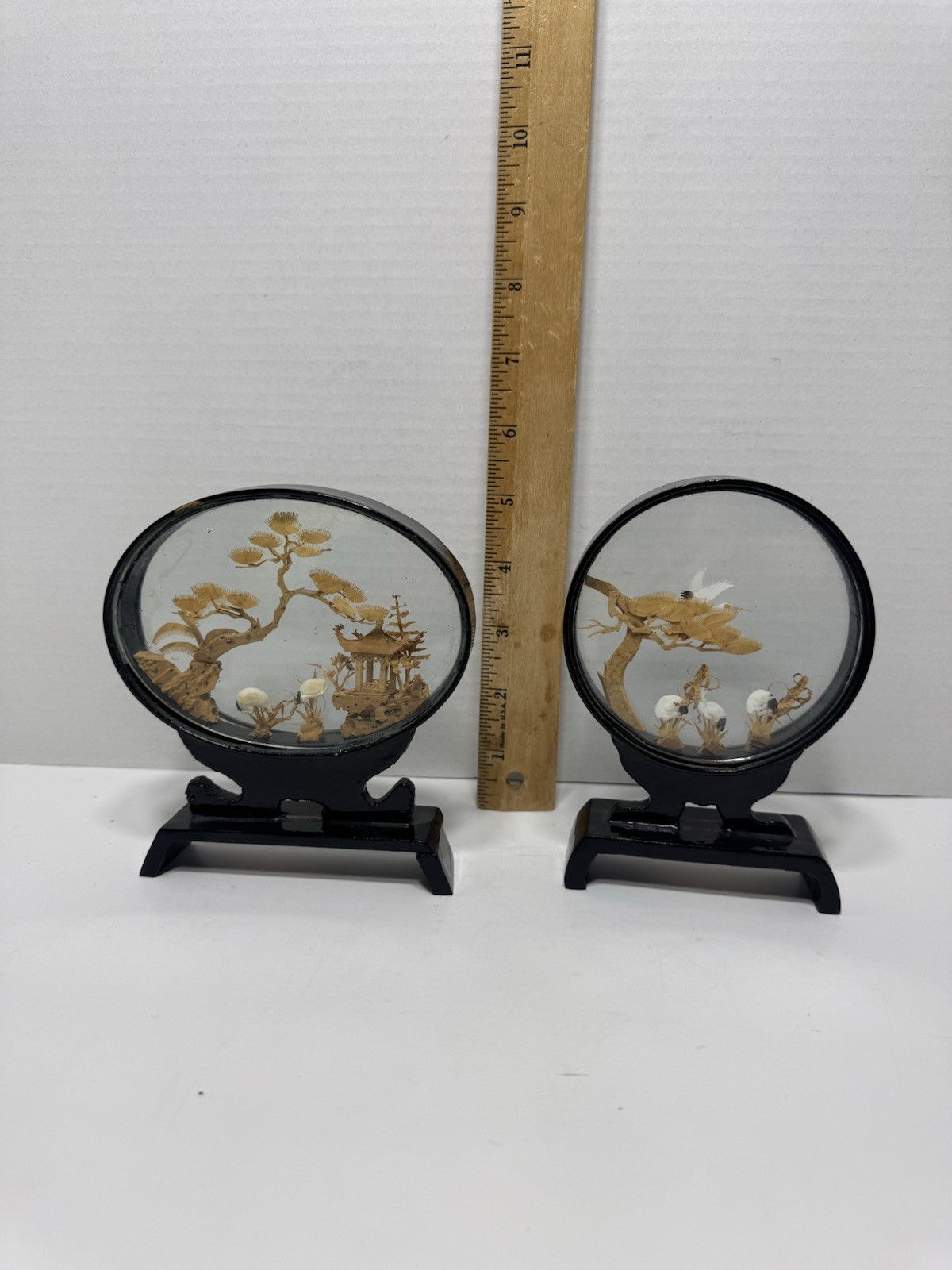2 VINTAGE CHINESE SAN YOU DIORAMA CORK CARVING GLASS CASE PAGODA TREES & CRANES.
