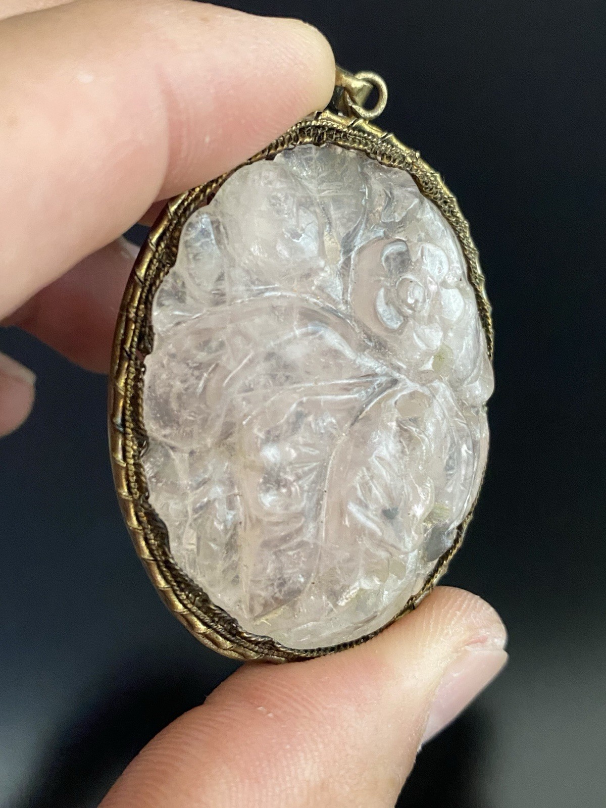 Chinese VTG Carved Pink Quartz Large Oval Intricate Sterling Filigree Pendant