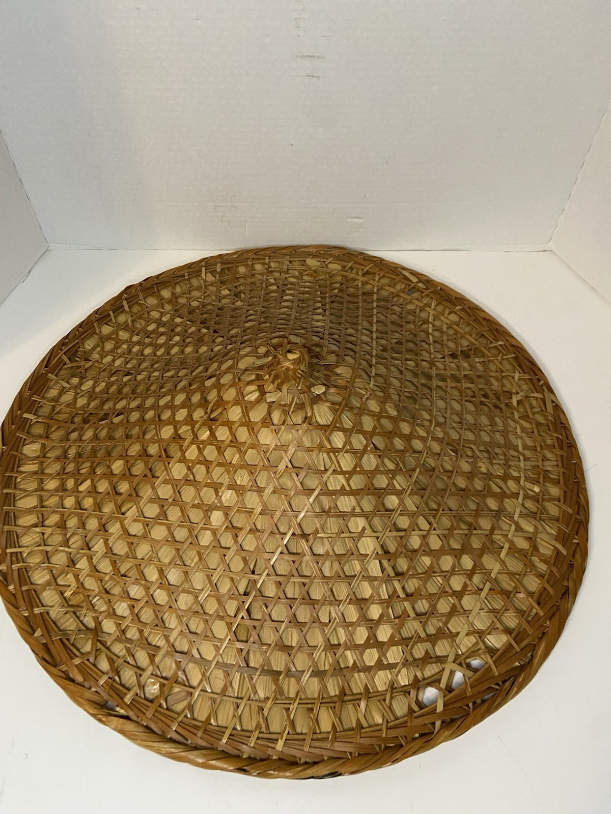 Vtg Asian Chinese Coolie Conical Hat Rice Paddy Sun Intricate Woven Bamboo 20 in