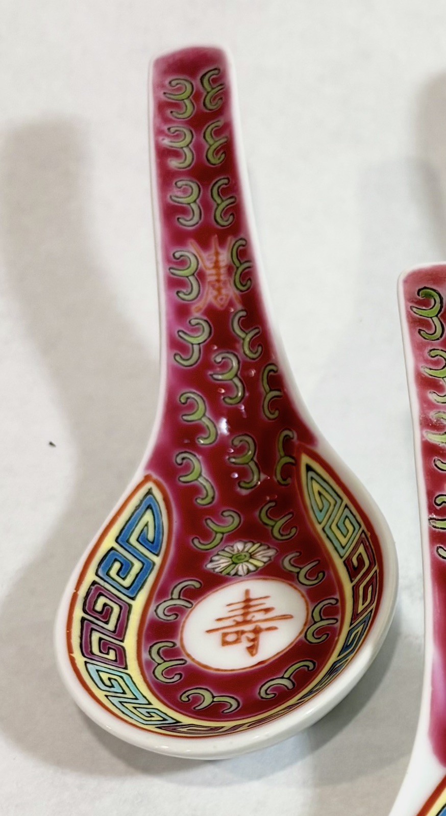 Vintage Chinese Famille Rose Mun Shou Porcelain Spoons Red Set of 6