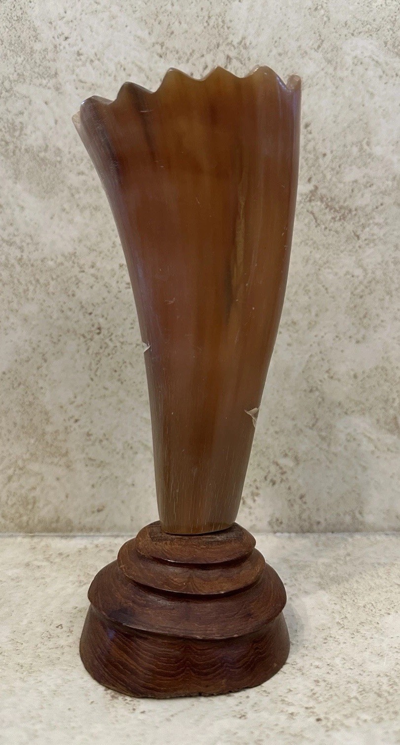 Vintage Thai Carved Horn Vase Dragon Motif Handicraft Wood Base Decor – Textured