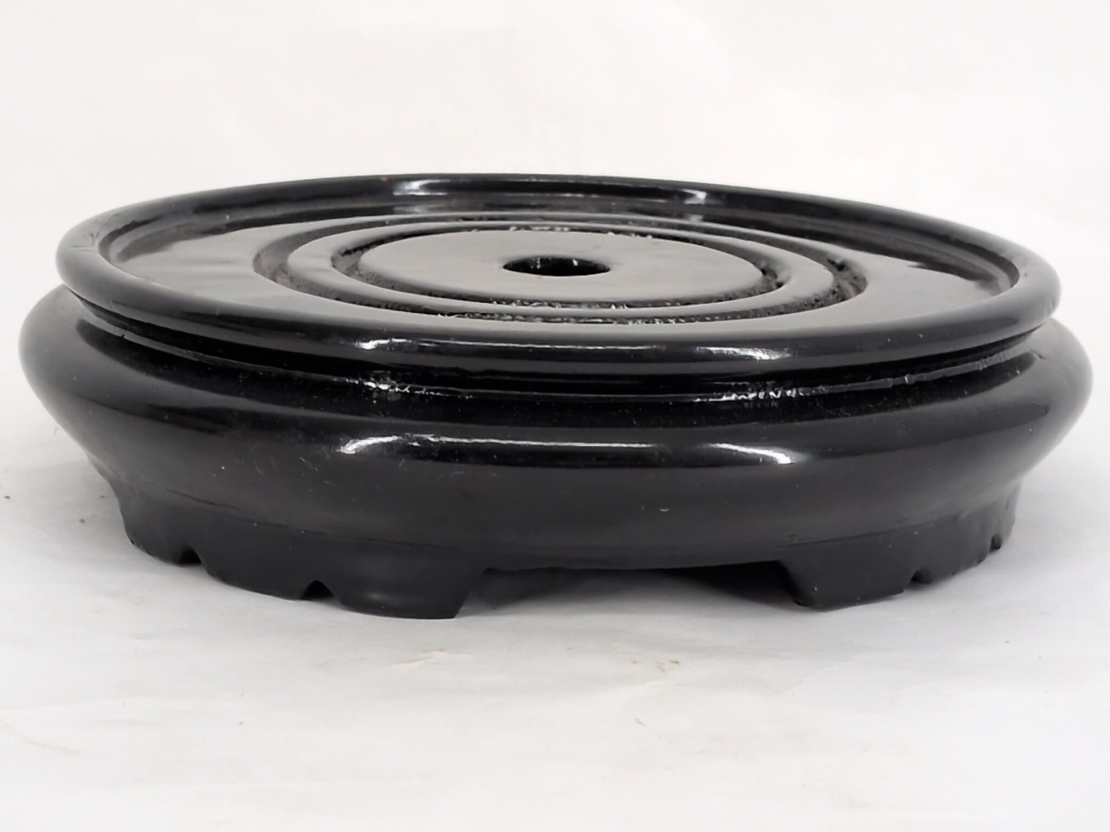 Vintage Chinese 20th c. Carved Black Lacquer Round Wooden Wood Stand Fits 6″