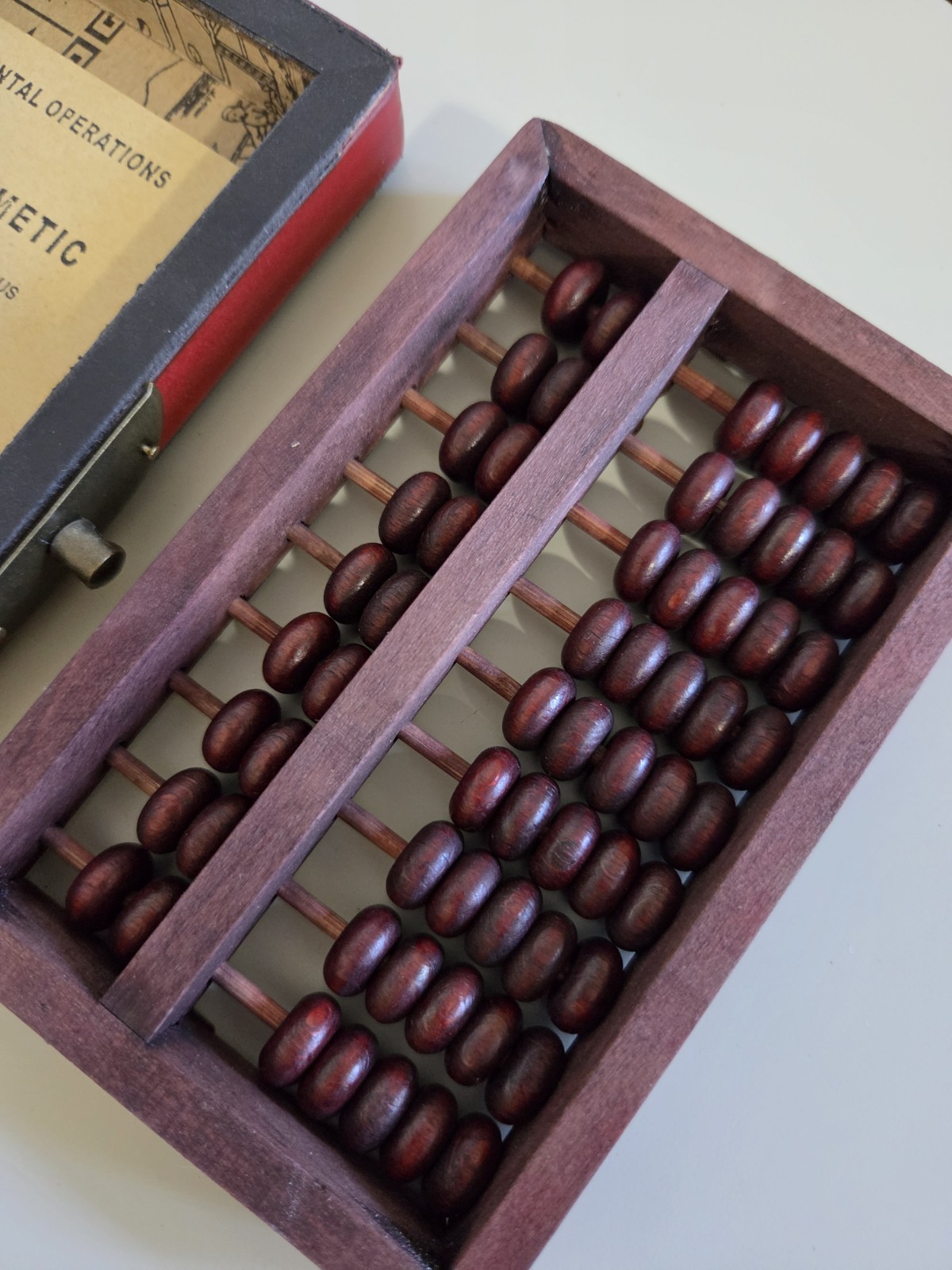 Vintage Chinese Abacus 2:5 Beads w/ Red Phoenix Dragon Brass Wood Box + Booklet