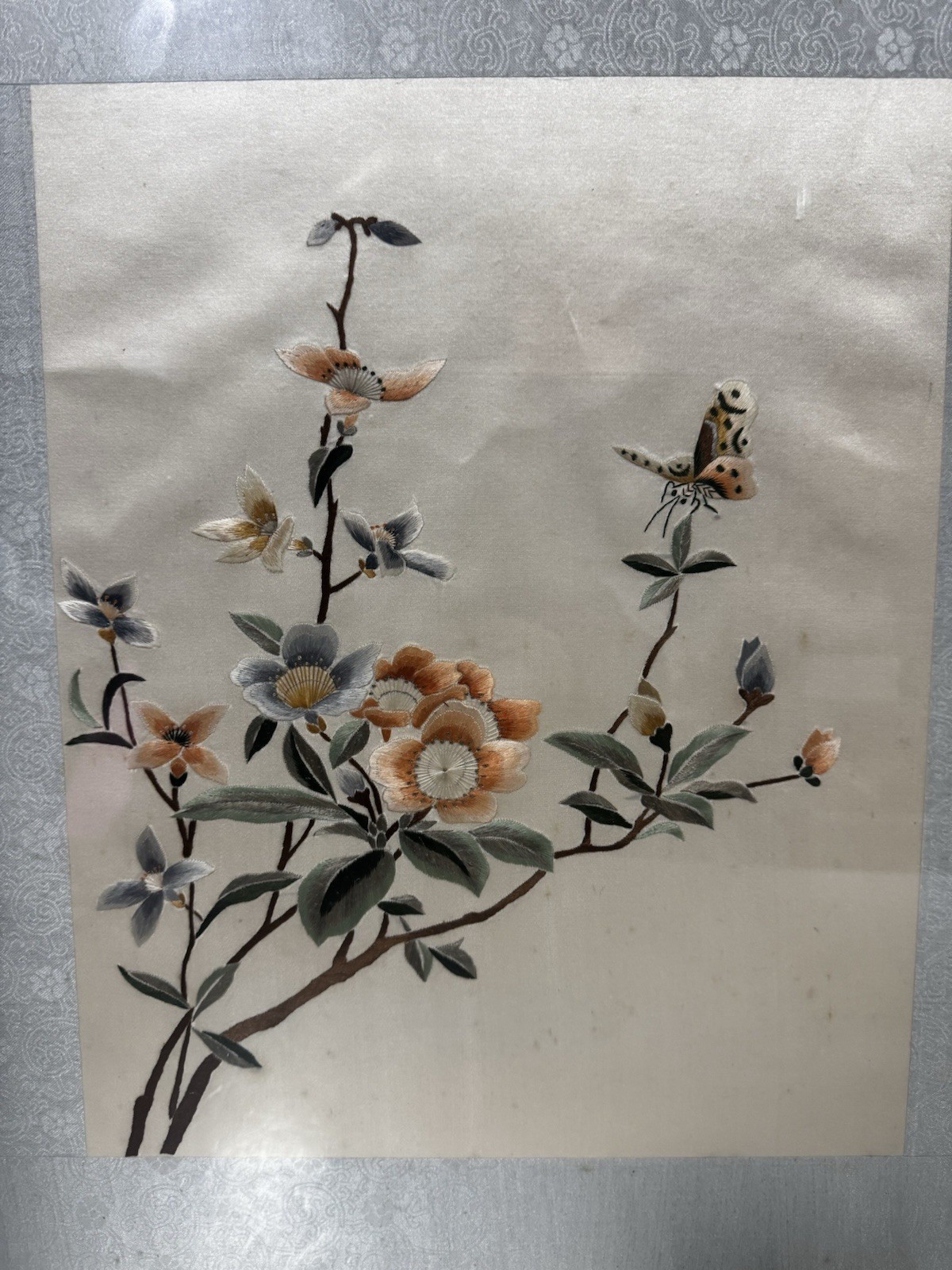Pair Set Vintage Chinese Asian Embroidered Silk Framed Birds / Butterfly Floral