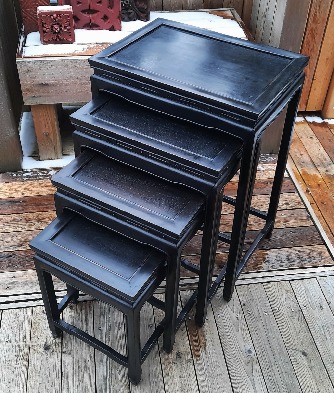 EBONIZED elegant chinese rosewood nesting tables vtg end side statue bowl stand