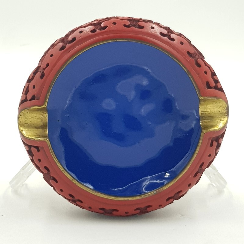 Vintage Chinese Cinnabar Lacquer Craved & Blue Enamel Brass Ashtray