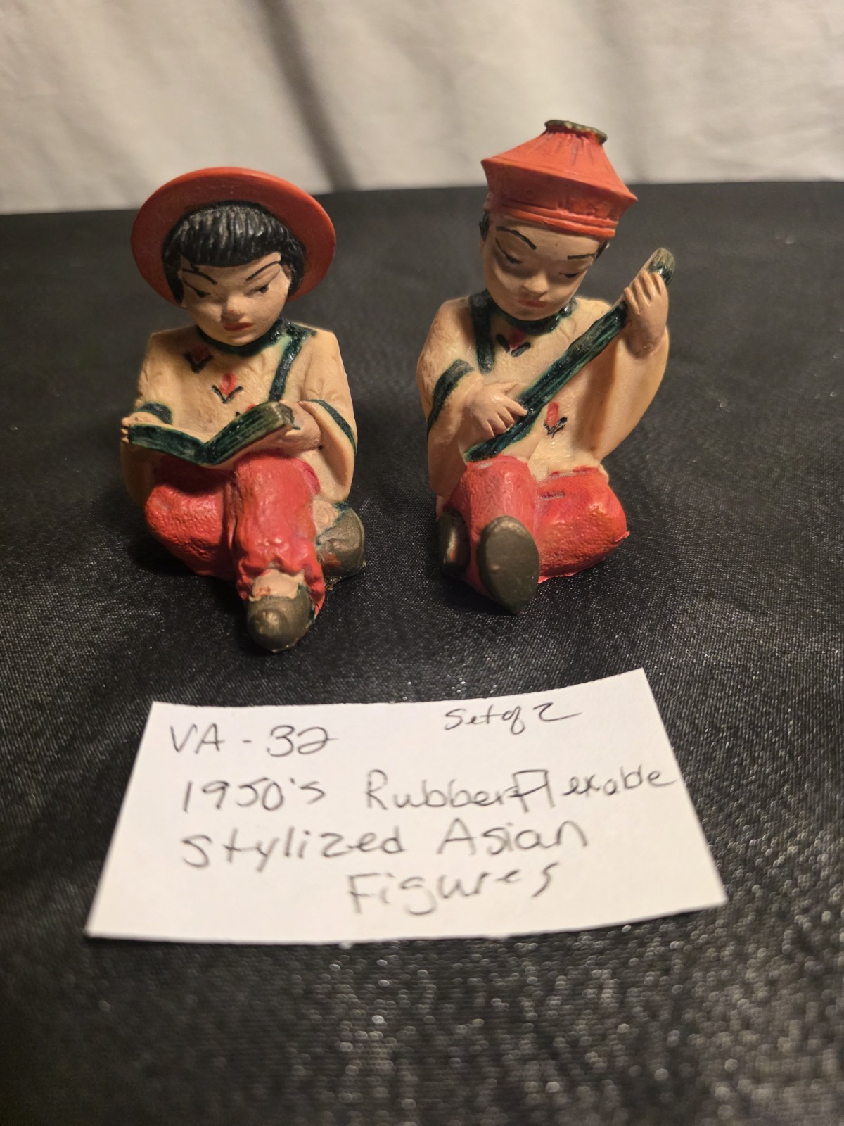 1950s Flexable Rubber Stylized Asian Figures Hand Painted 3″tall