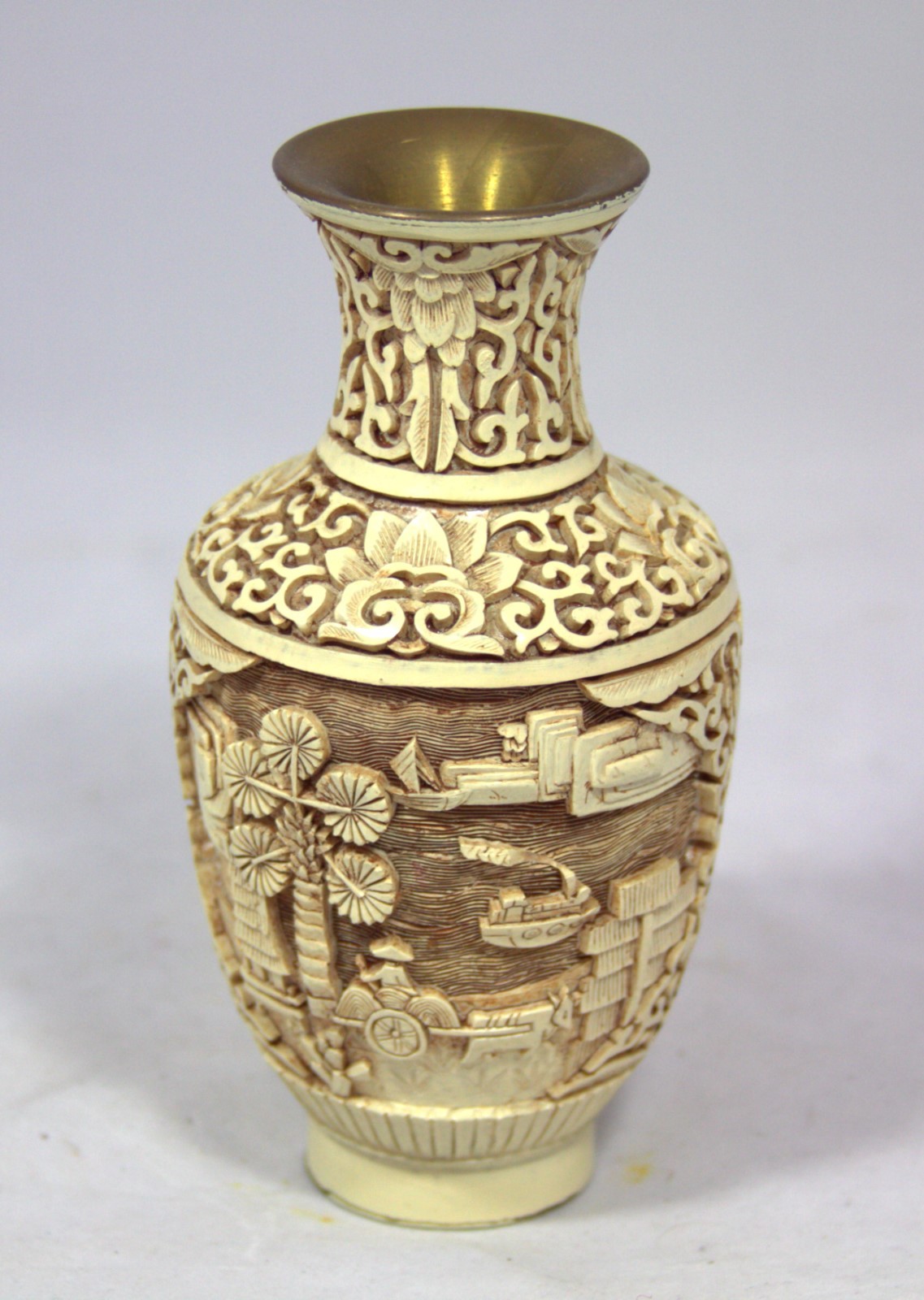 Exquisite “Hand Carved White Chinese Cinnabar Vase” (6.5″ High x 3.25″ Diameter)