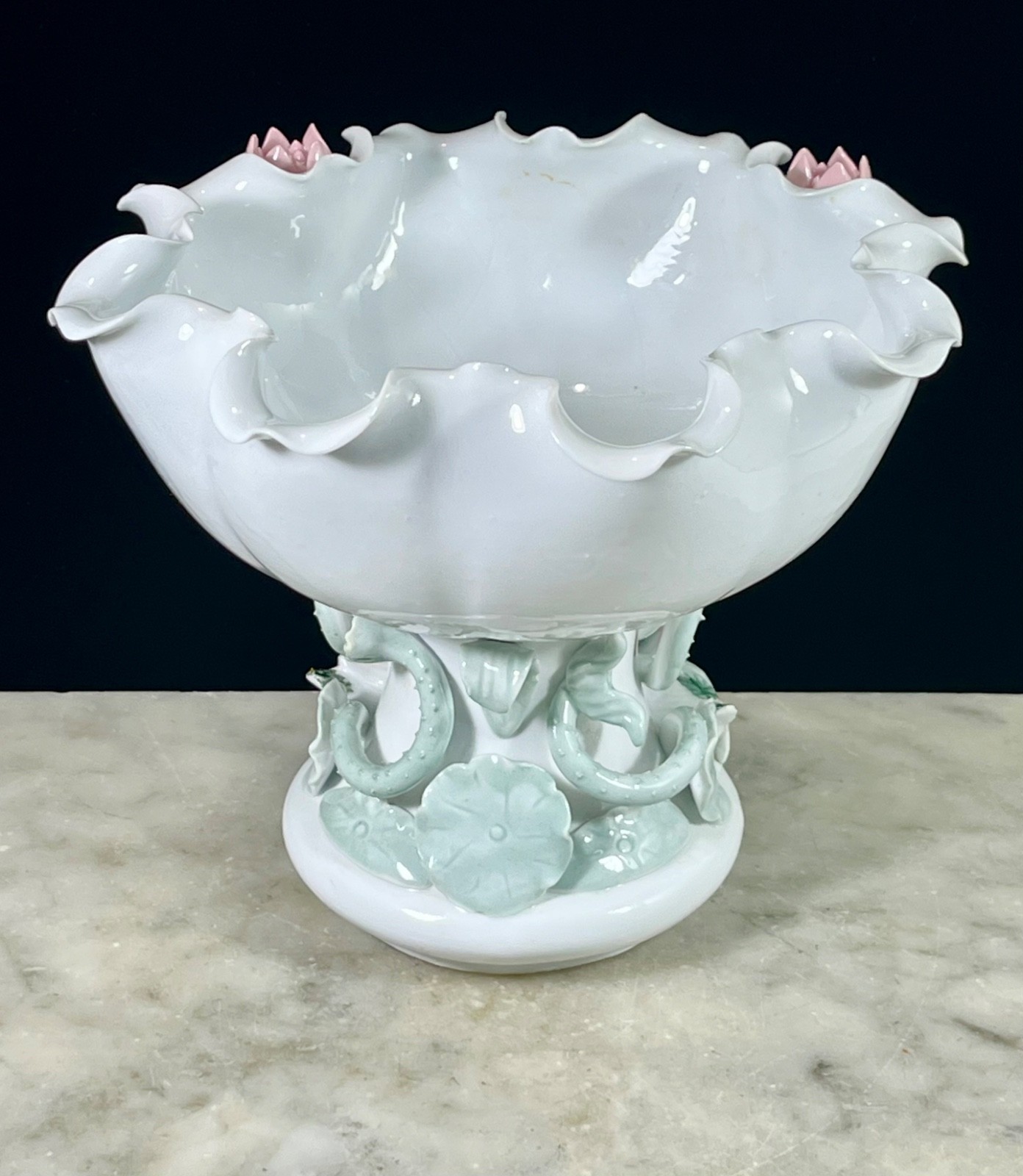 Vintage Chinese Porcelain Blanc de Chine White Lotus Footed Bowl Lily Pads Ducks