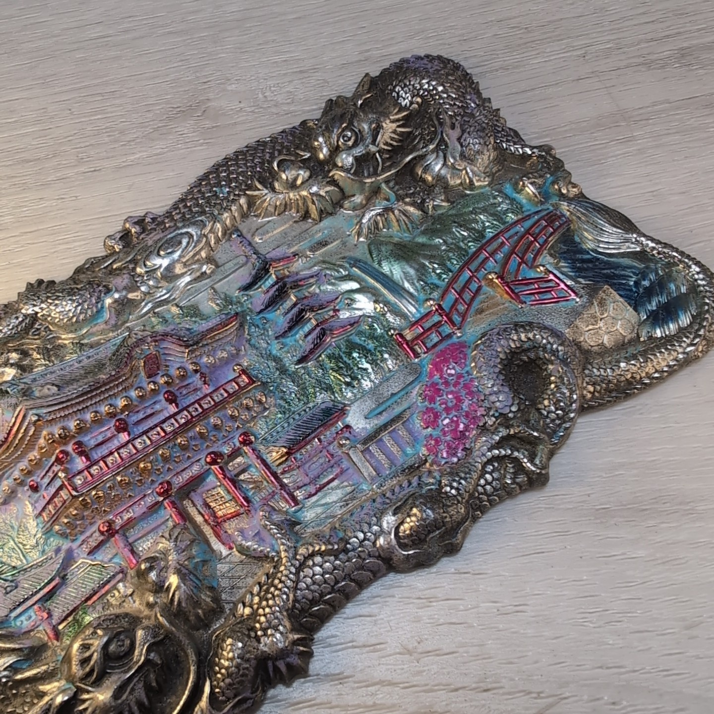 Antique Chinese Dragon Repousse Metal Tray Plaque Wall Art Jewelry Box Lid 7″x4″