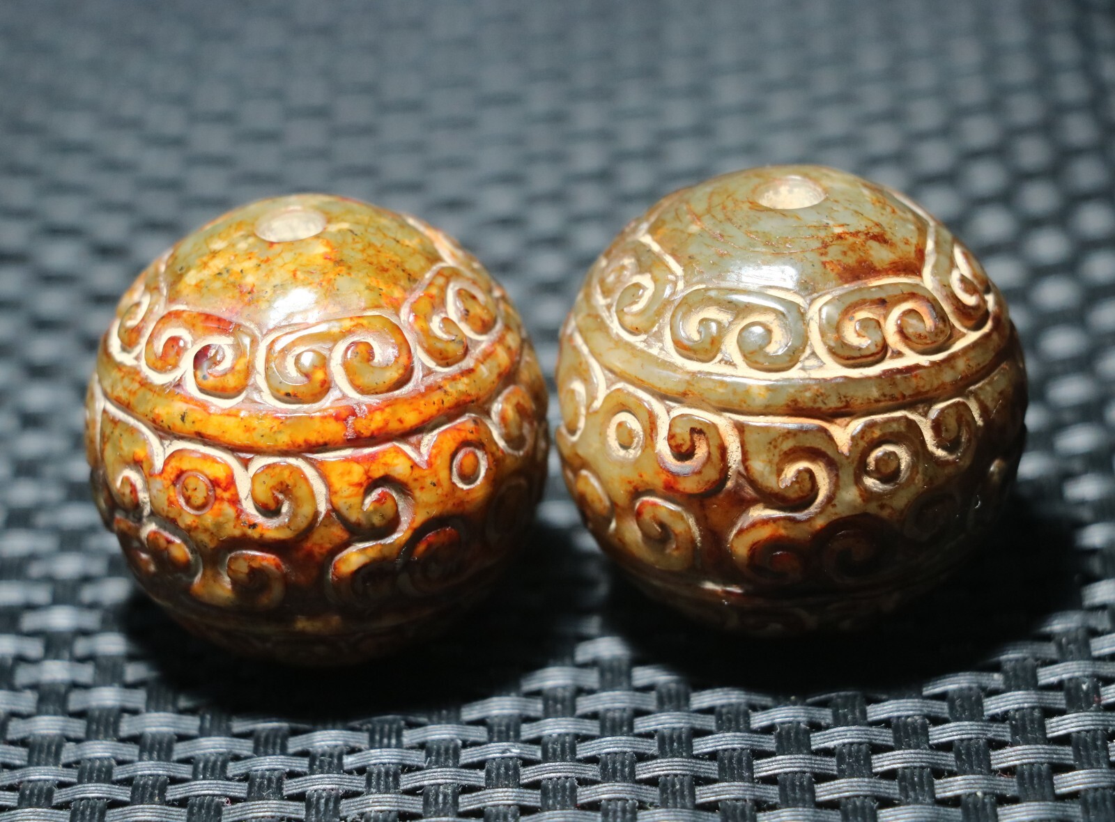 Pair of Chinese Hetian Old JADE Linking Fortune Big Ball Sphere Treasure 35MM LS