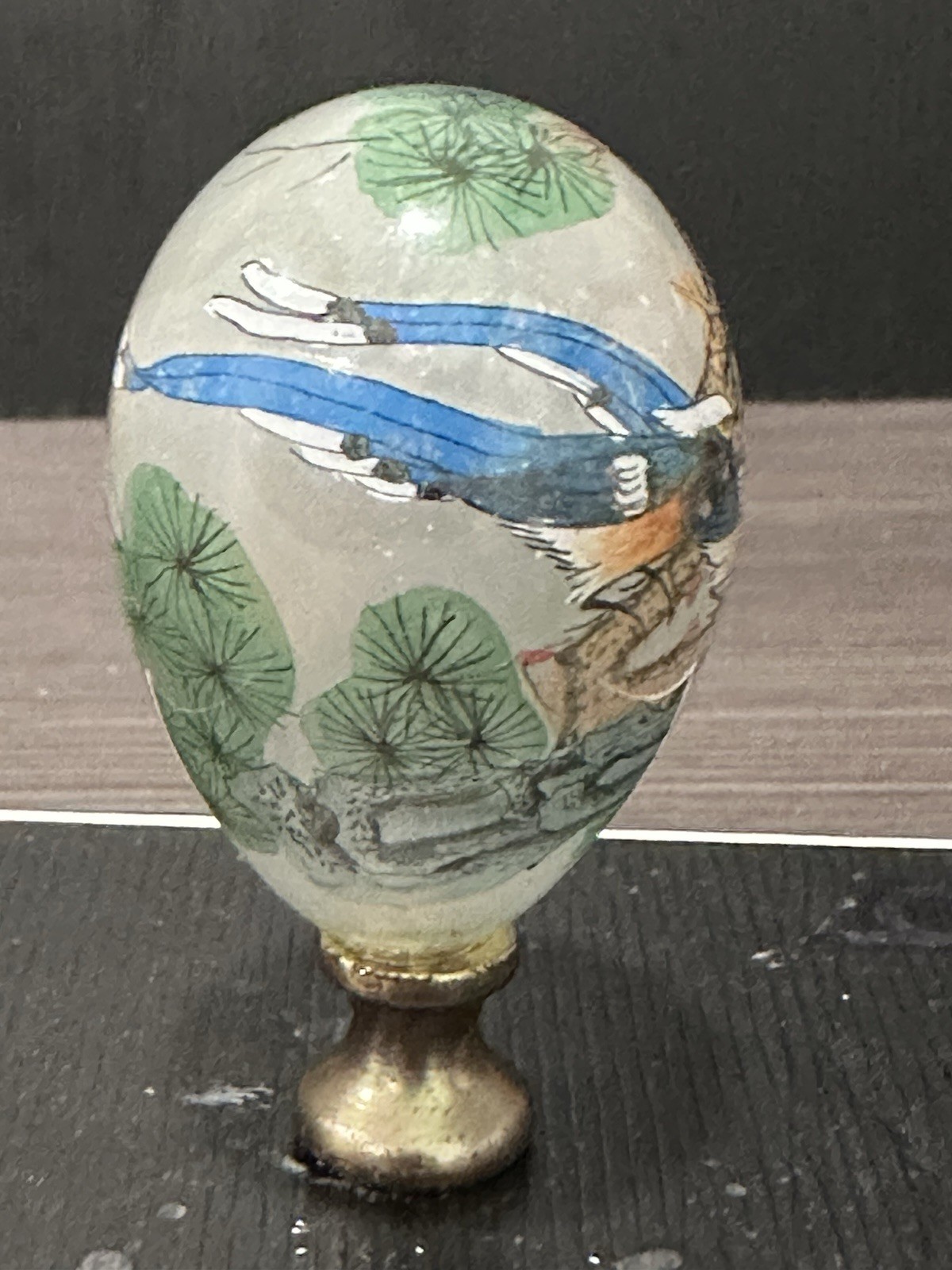 Vintage Chinese Hand Painted inside Out Bird & Flowers Blown Glass Lamp Finial