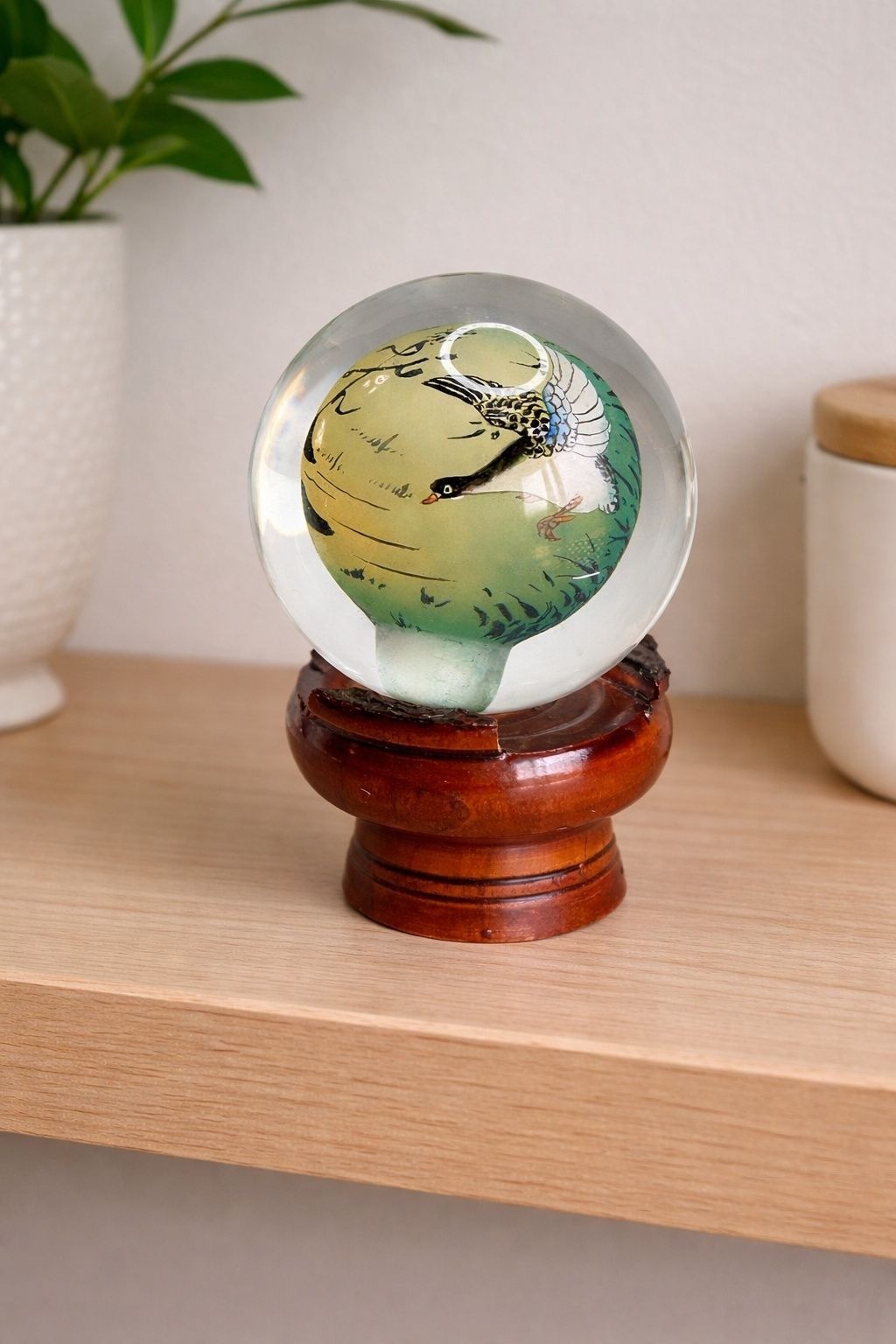 Chinese Reverse Painted Crystal Ball Bird Scene Wood Stand 4 Inch Glass Artwork