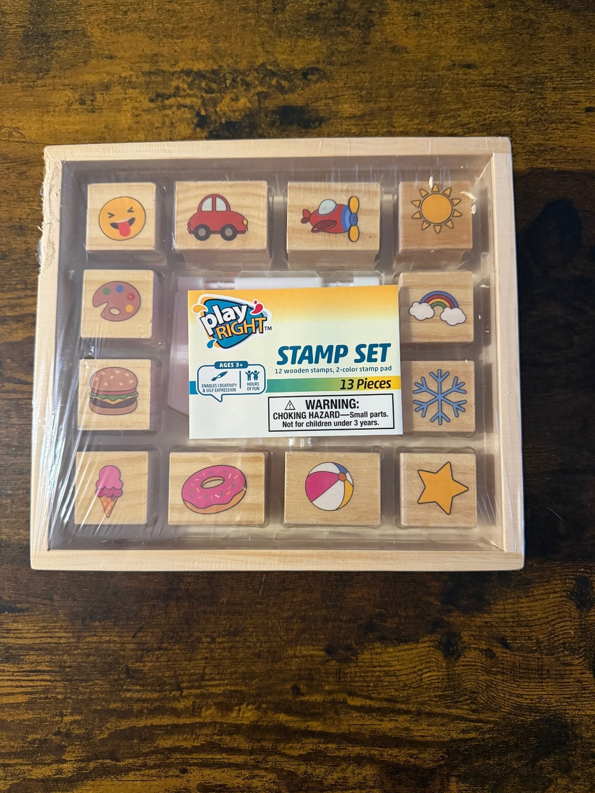 Play Right 13 Pieces Stamp Set Wooden Pieces & 2 Color Stamp Pads Ages 3+ NEW