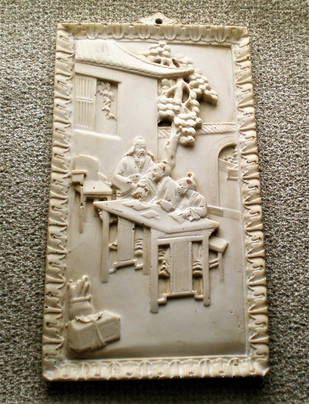 Vintage Oriental Asian Chinese Soapstone Bas Relief Wall Hanging Decor Plaque