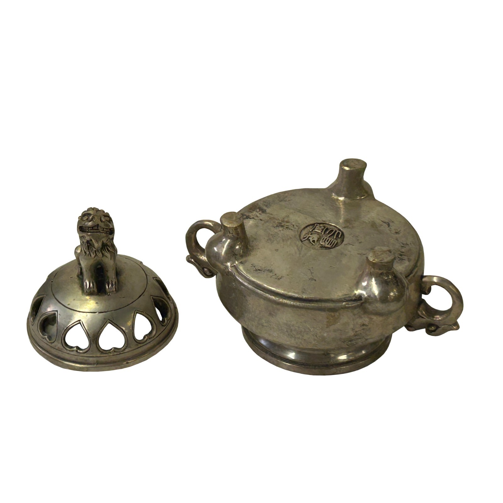 Vintage Silver Pewter Color Metal Foo Dog Ding Shape Incense Holder ws4897