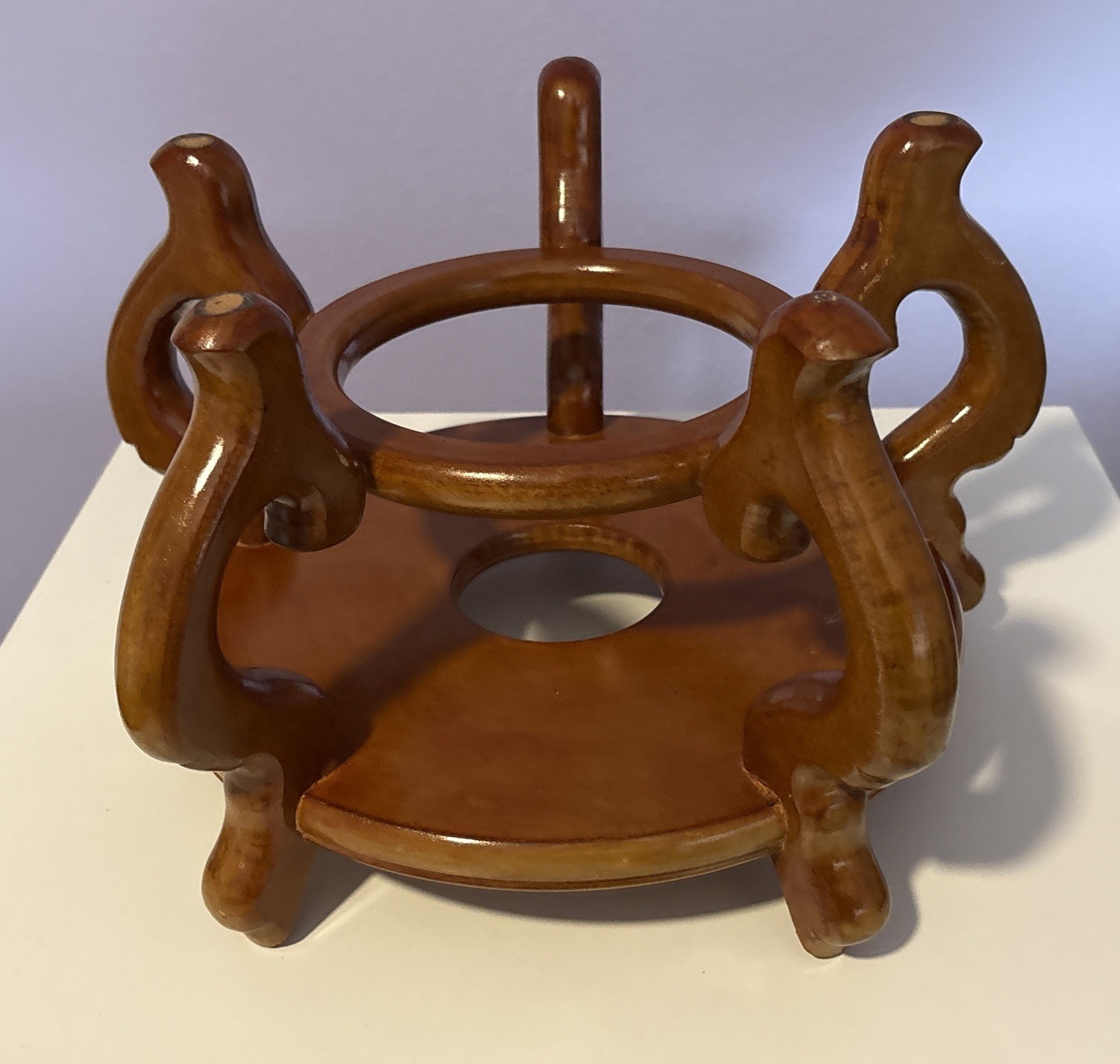 Carved Wood Plant Stand Display Honey Brown Vase Fish Bowl Asian Oriental 10”