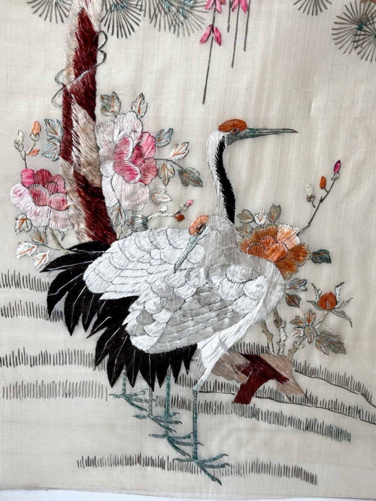 Antique Chinese Silk Embroidery Panel | Hand-Stitched Crane & Pine | 22” Textile