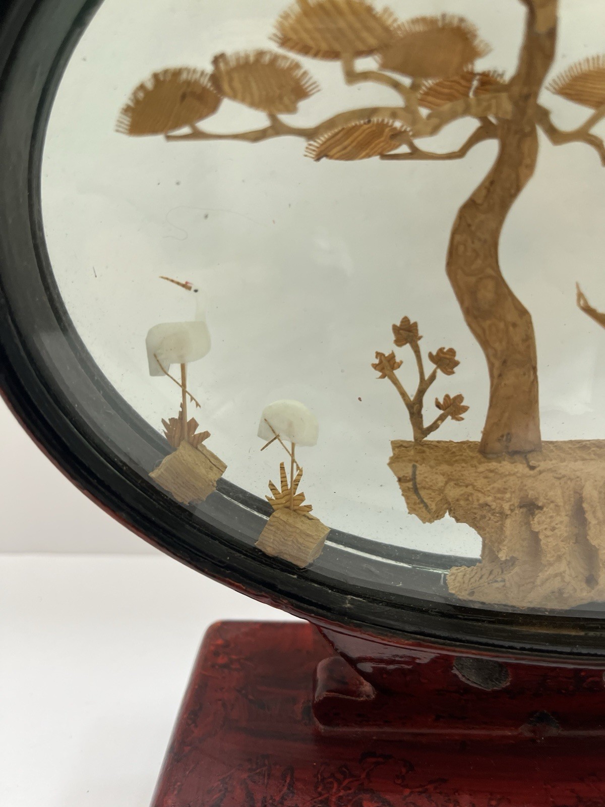 Vintage Chinese Hand Carved 3D Cork Diorama Framed Trees Pagoda Silk Crane 8×8”