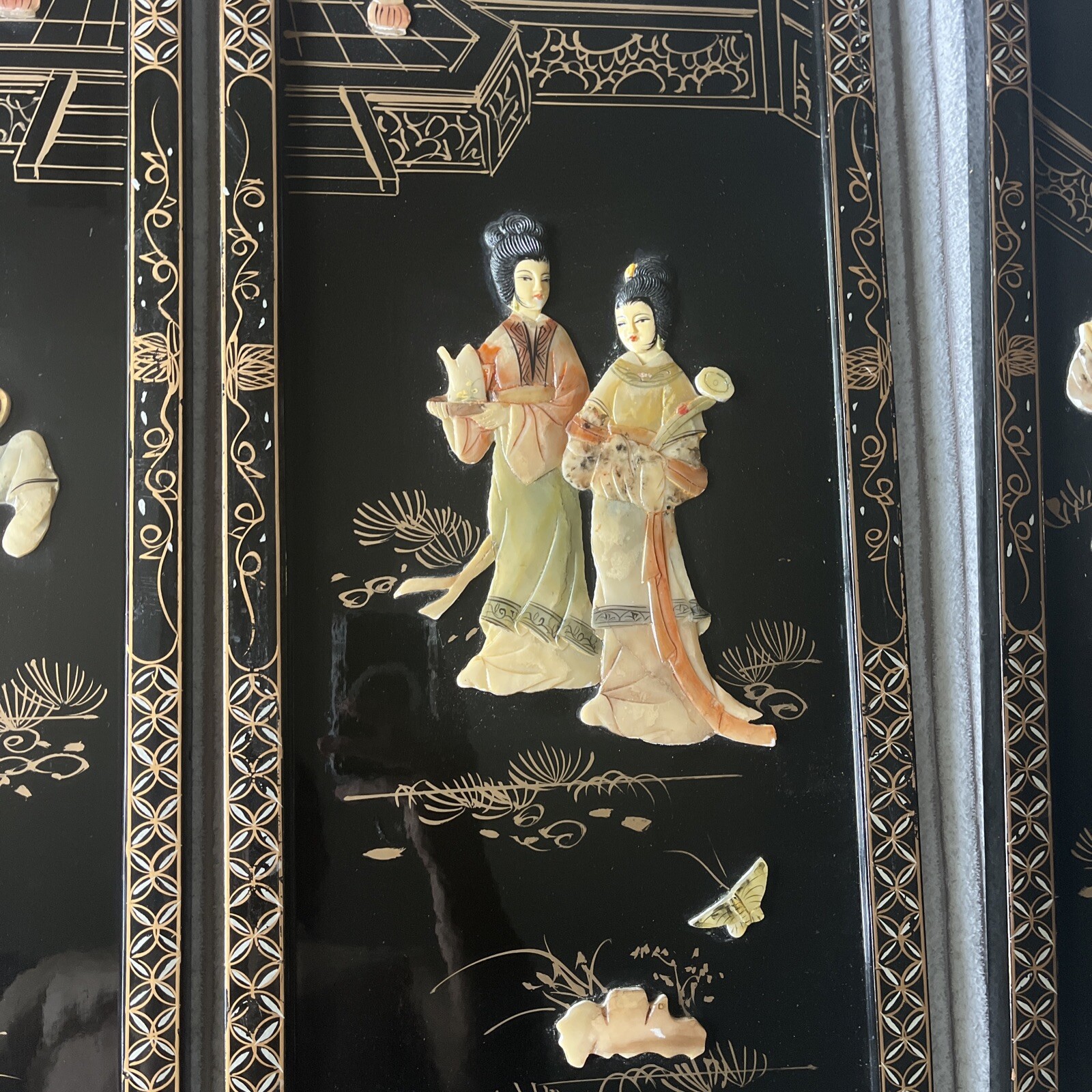 4 Asian/Oriental Hanging Wall Panels Mother Of Pearl Black Lacquer 36”X12” (READ