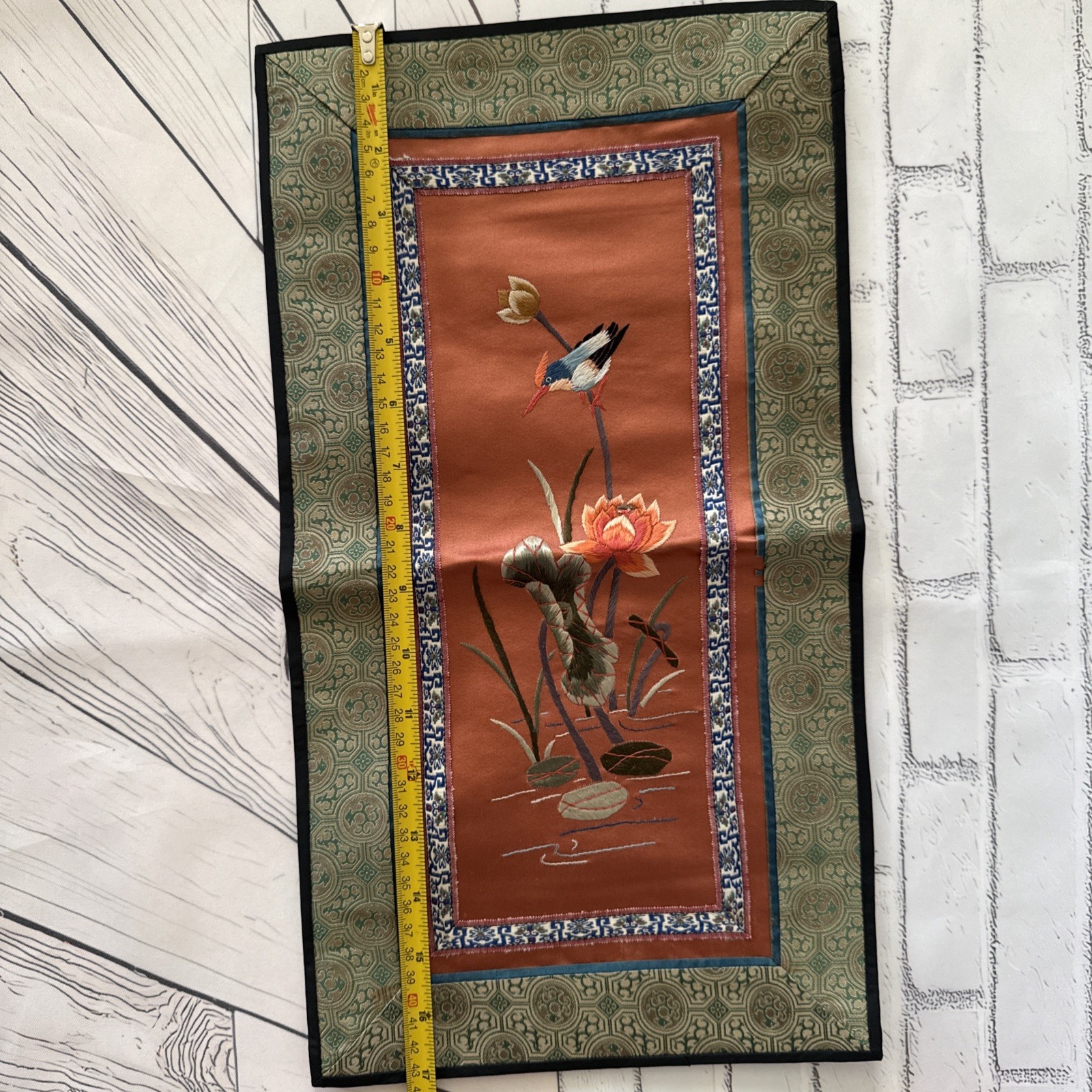 VTG Chinese Embroidered Silk Tapestry Panels Set 3 Birds & Flowers 17”x9.5”& 11″