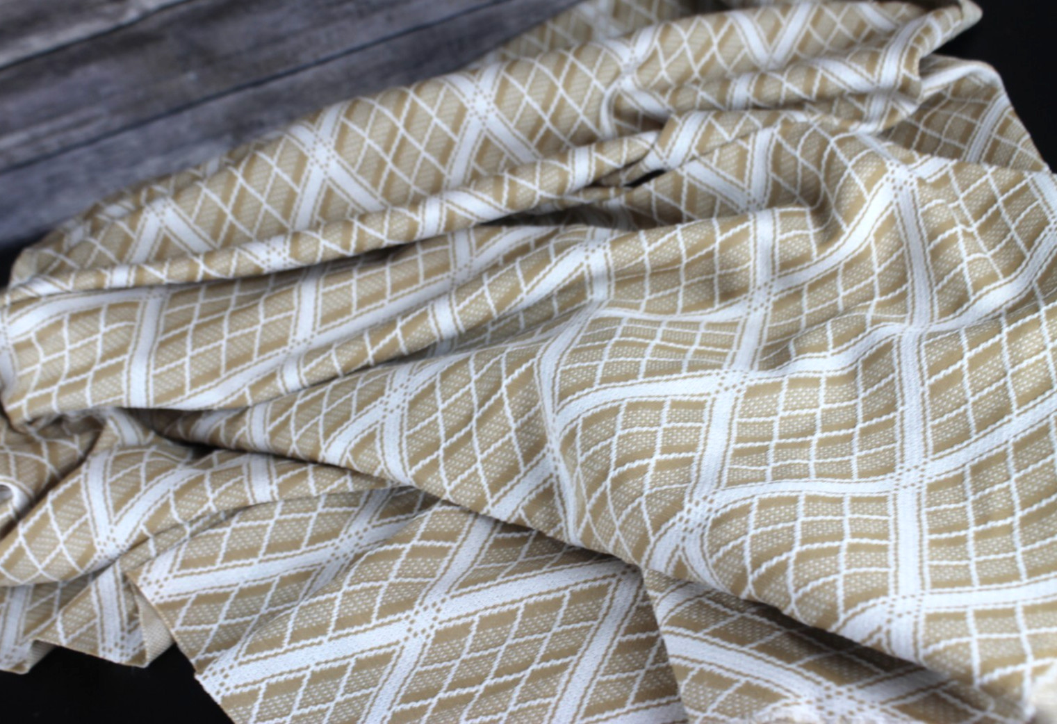 Polyester Rayon Tan and white Plaid Fabric Panel Remnant 62″ x 54″ Stretch Vtg