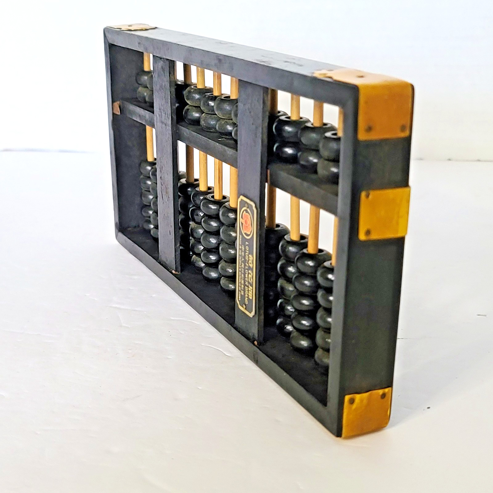 VTG Chinese Lotus Flower Abacus 13 Rod 91 Beads Black Painted Wood Brass Details