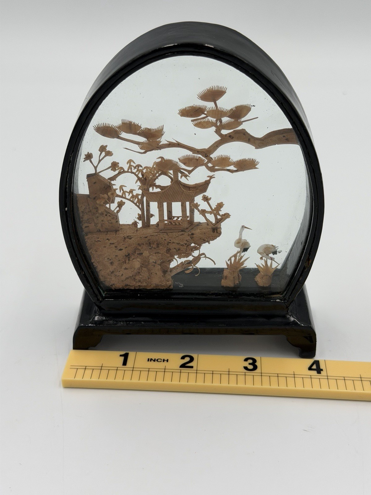 Vintage Chinese San You Cork Carving Diorama 4.5″ Miniature Shadow Box Cranes