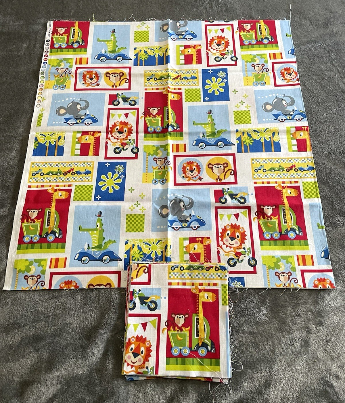 Cotton Animals and Cars Kids Fabric Print 23 Inch Piece and 23 6.5 x 6.5 Squares