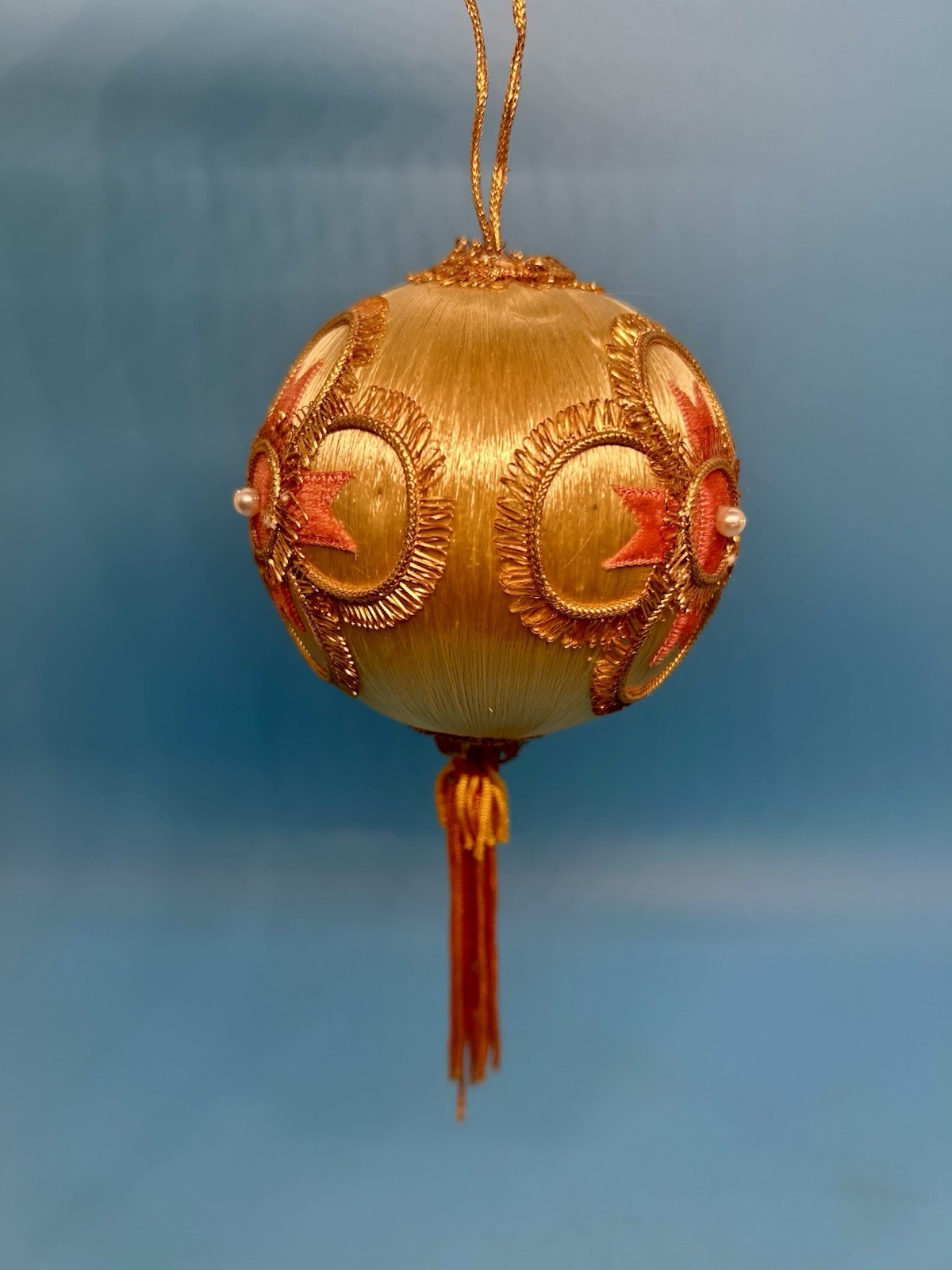 Vintage Asian Silk Thread Ball Ornament Tassel Gold Coral Pink Hanging Decor 3”
