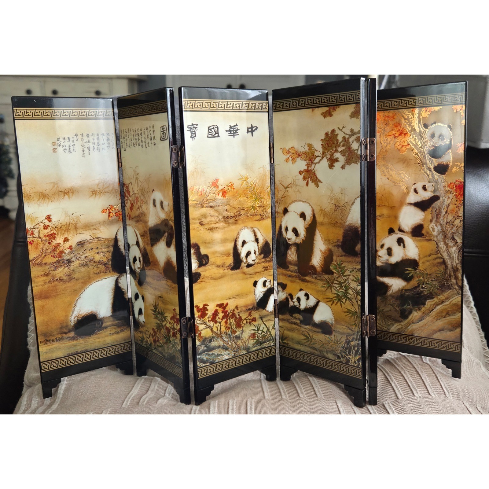 Vintage Chinese Lacquer 6 Panel Folding Mini Screen Panda Black Gold 9.5in x18.5